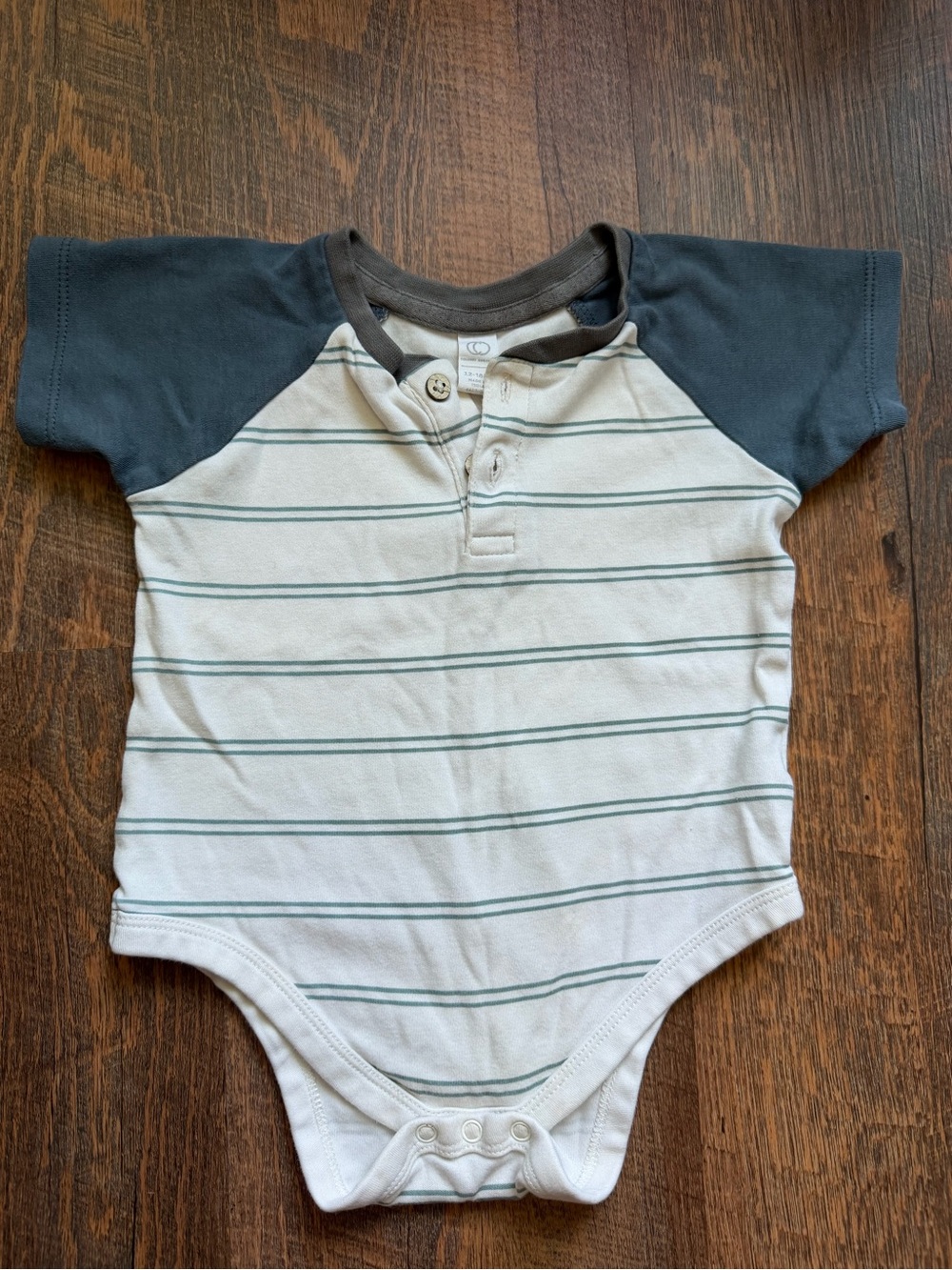 Colored Organics Short-Sleeve Striped Henley One-Piece in Cream and Blue-Gray